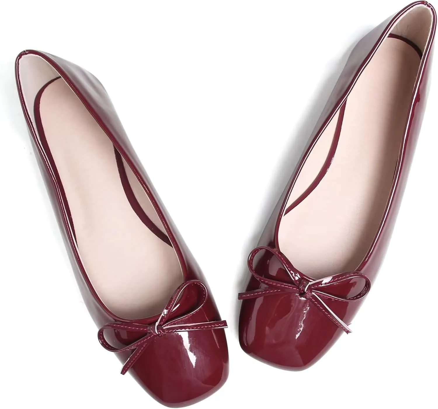 JiangWei Shu Women's Bow Knot Square Toe Ballet Flats Slip On Walking Wedding Soft Shoes