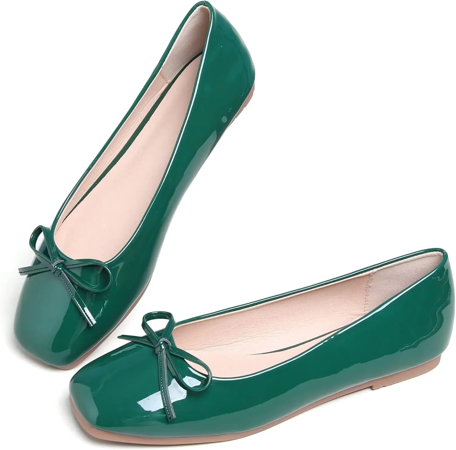 JiangWei Shu Women's Bow Knot Square Toe Ballet Flats Slip On Walking Wedding Soft Shoes