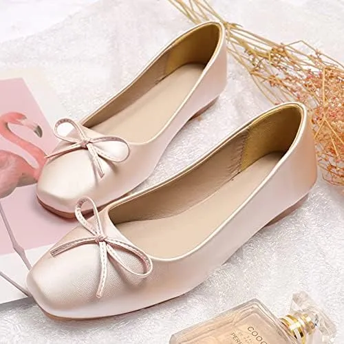 JiangWei Shu Women's Bow Knot Square Toe Ballet Flats Slip On Walking Wedding Soft Shoes