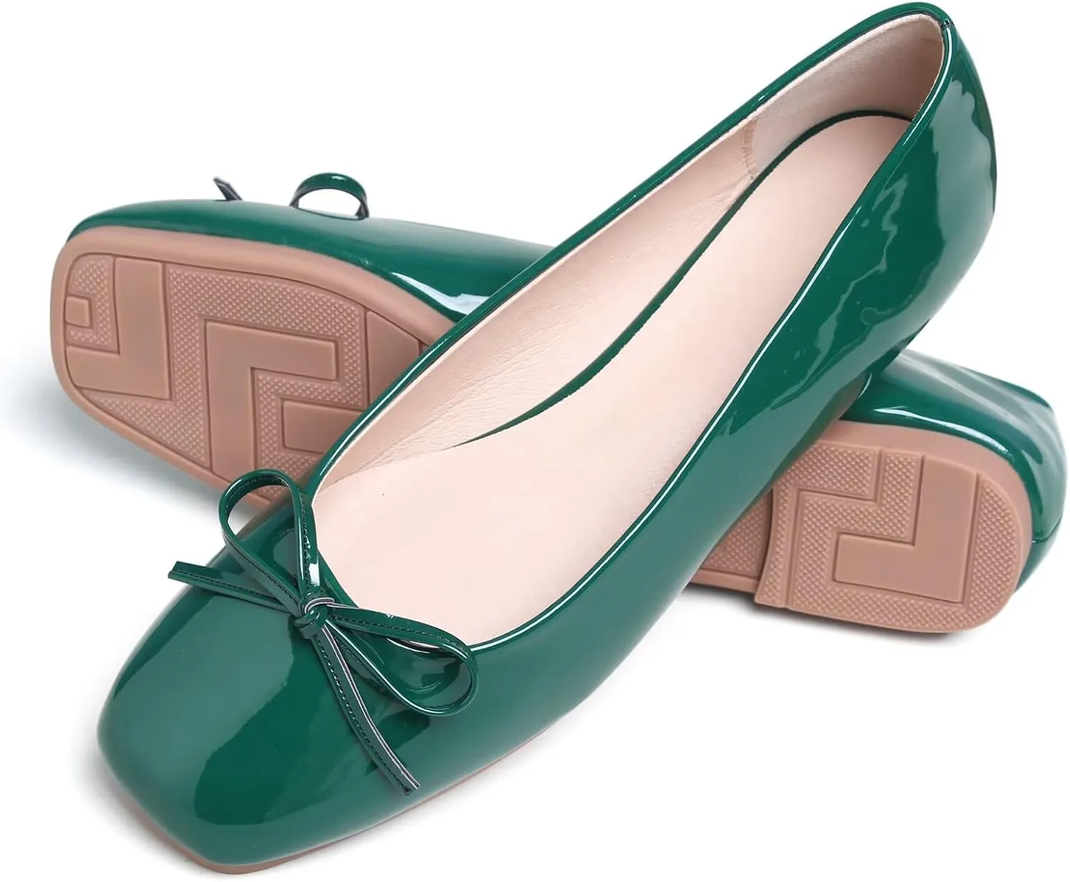 JiangWei Shu Women's Bow Knot Square Toe Ballet Flats Slip On Walking Wedding Soft Shoes