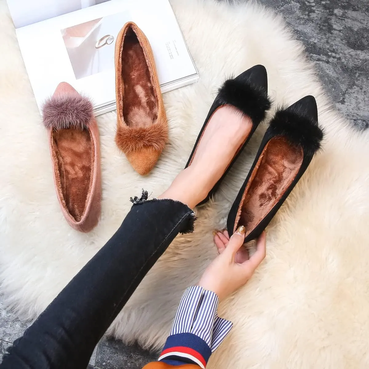 JiangWei Shu Women's Faux Fur Ballet Flats Winter Warm Pointed Toe Slip On Daily Walking Cozy Shoes