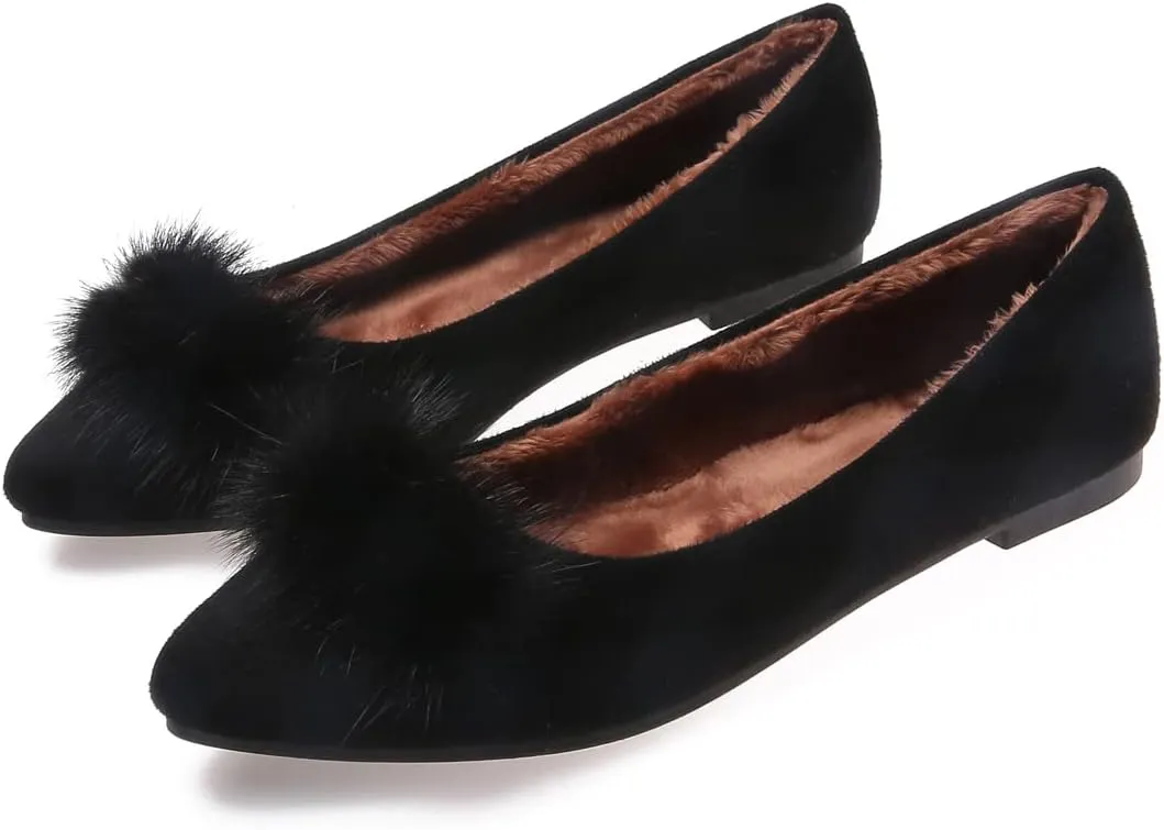 JiangWei Shu Women's Faux Fur Ballet Flats Winter Warm Pointed Toe Slip On Daily Walking Cozy Shoes
