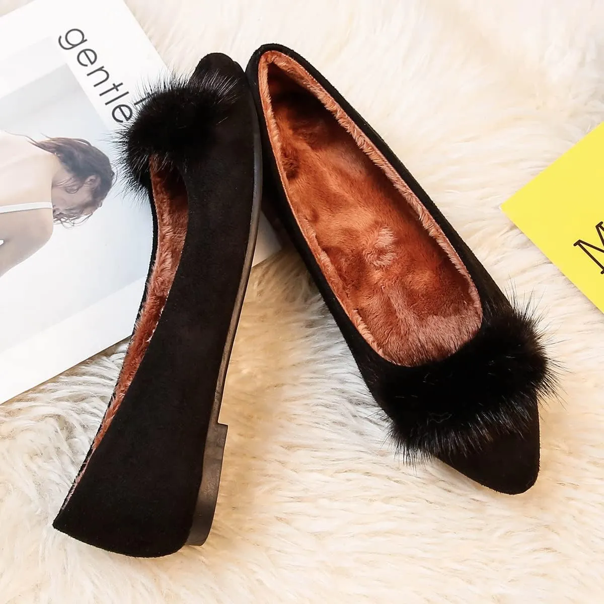 JiangWei Shu Women's Faux Fur Ballet Flats Winter Warm Pointed Toe Slip On Daily Walking Cozy Shoes