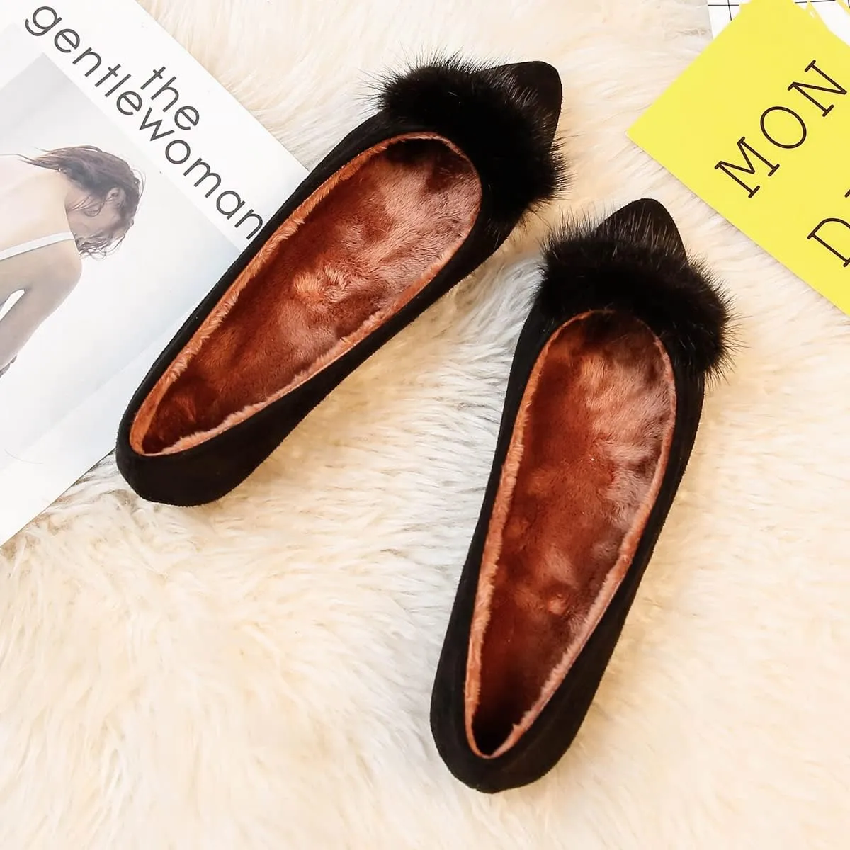 JiangWei Shu Women's Faux Fur Ballet Flats Winter Warm Pointed Toe Slip On Daily Walking Cozy Shoes