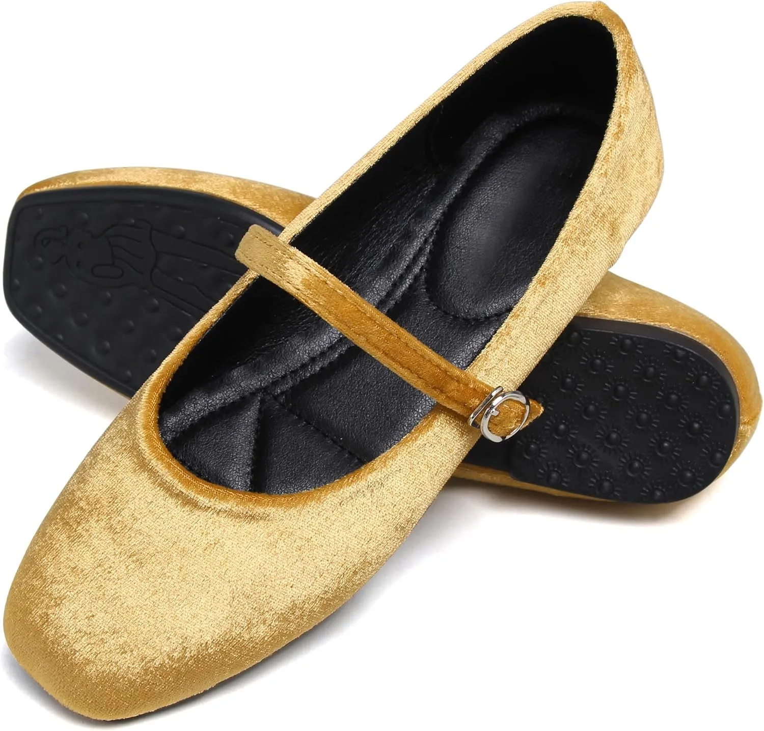 JiangWei Shu Women's Square Toe Ballets Comfortable Flats Soft Velvet Mary Jane Flats Casual Dressy Shoes