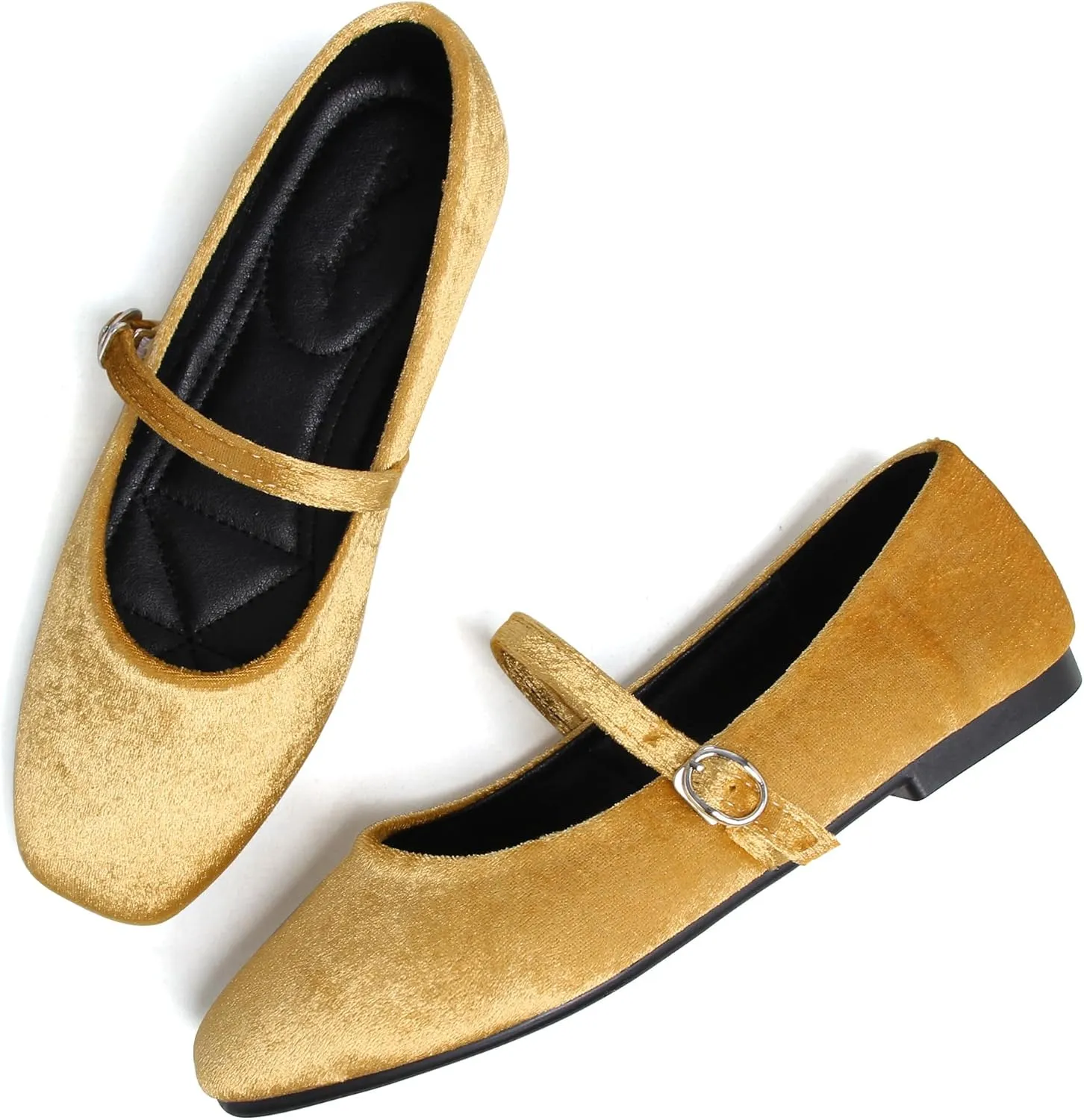 JiangWei Shu Women's Square Toe Ballets Comfortable Flats Soft Velvet Mary Jane Flats Casual Dressy Shoes