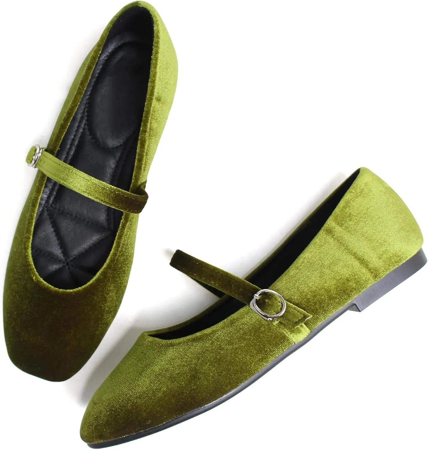 JiangWei Shu Women's Square Toe Ballets Comfortable Flats Soft Velvet Mary Jane Flats Casual Dressy Shoes