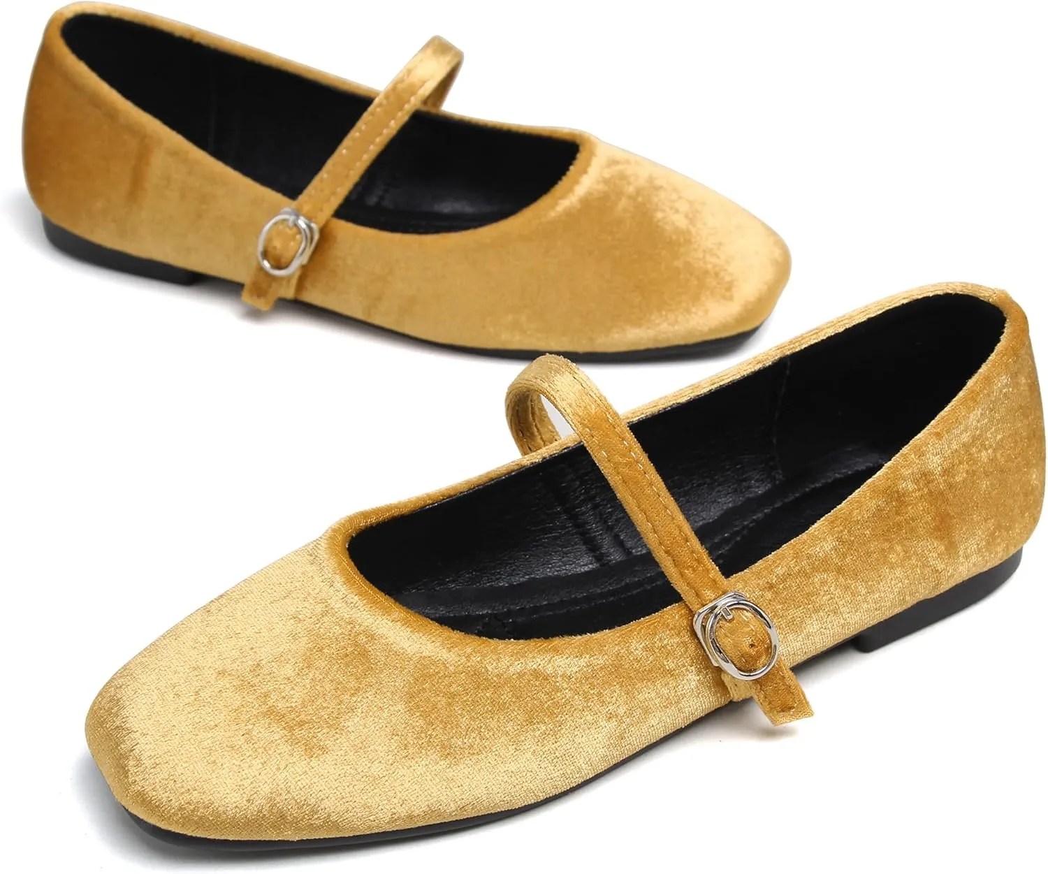 JiangWei Shu Women's Square Toe Ballets Comfortable Flats Soft Velvet Mary Jane Flats Casual Dressy Shoes