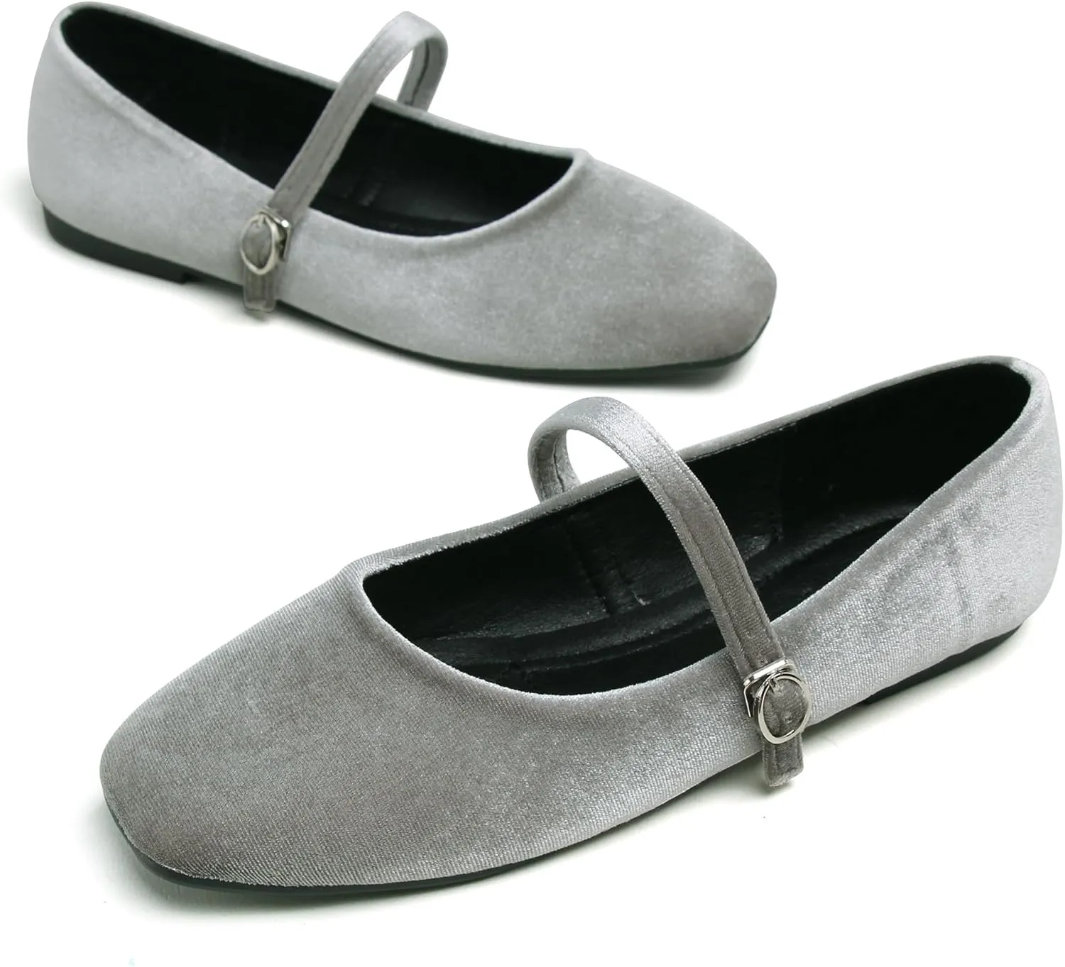 JiangWei Shu Women's Square Toe Ballets Comfortable Flats Soft Velvet Mary Jane Flats Casual Dressy Shoes