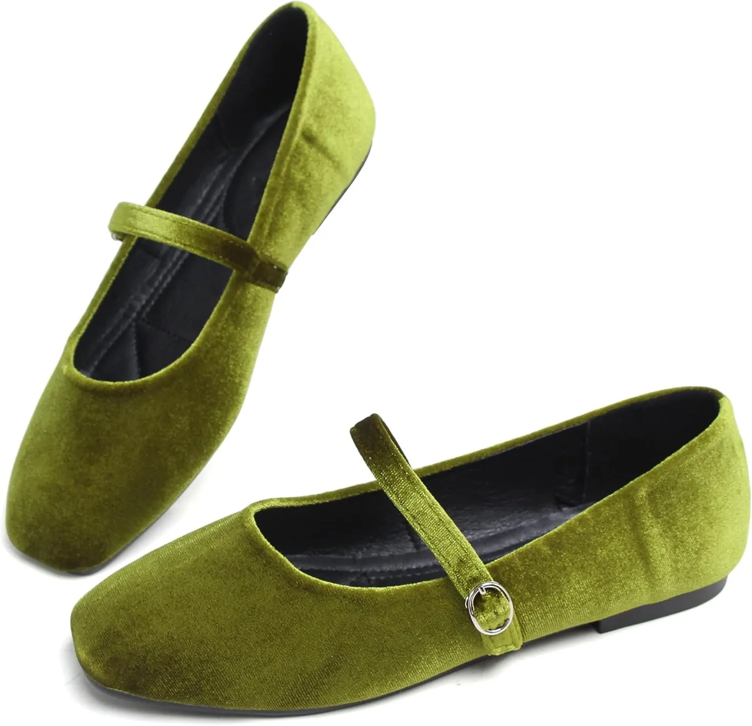 JiangWei Shu Women's Square Toe Ballets Comfortable Flats Soft Velvet Mary Jane Flats Casual Dressy Shoes