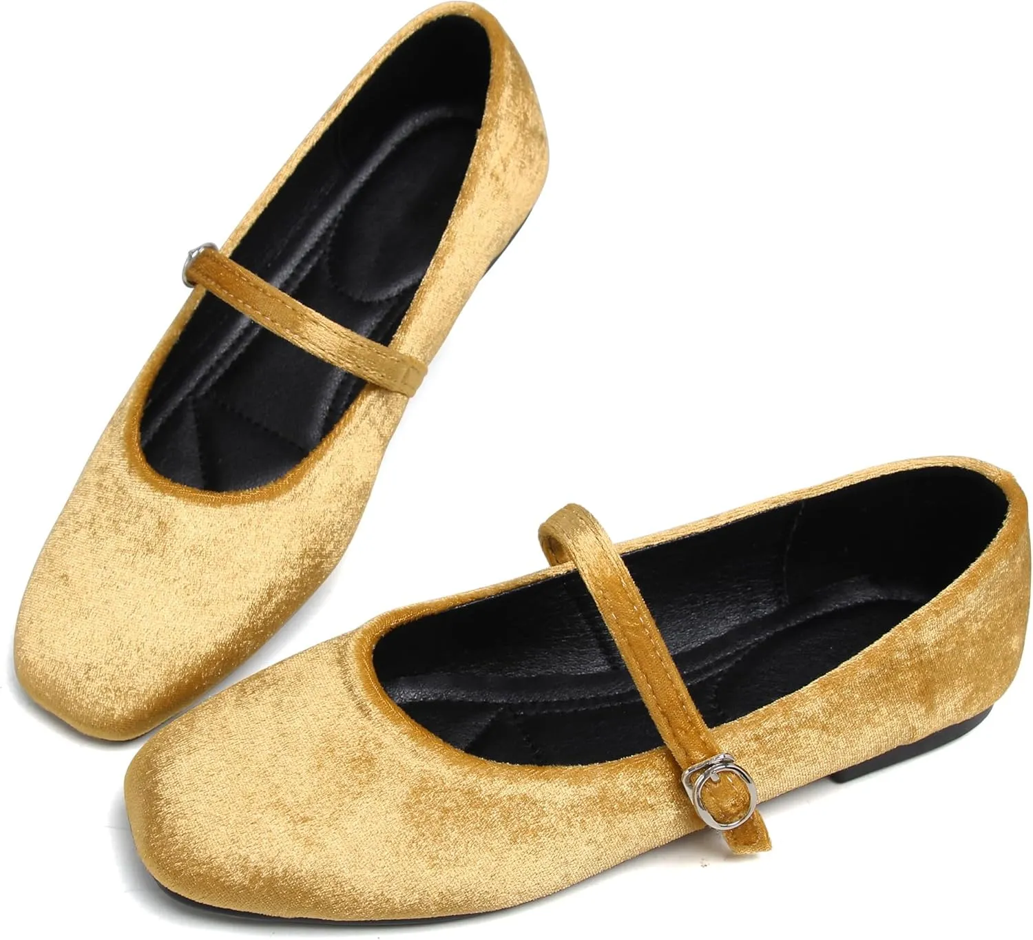 JiangWei Shu Women's Square Toe Ballets Comfortable Flats Soft Velvet Mary Jane Flats Casual Dressy Shoes
