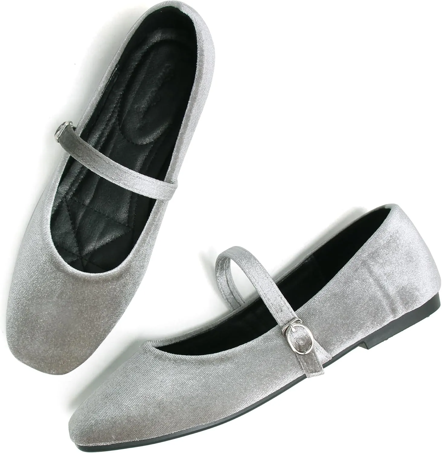 JiangWei Shu Women's Square Toe Ballets Comfortable Flats Soft Velvet Mary Jane Flats Casual Dressy Shoes
