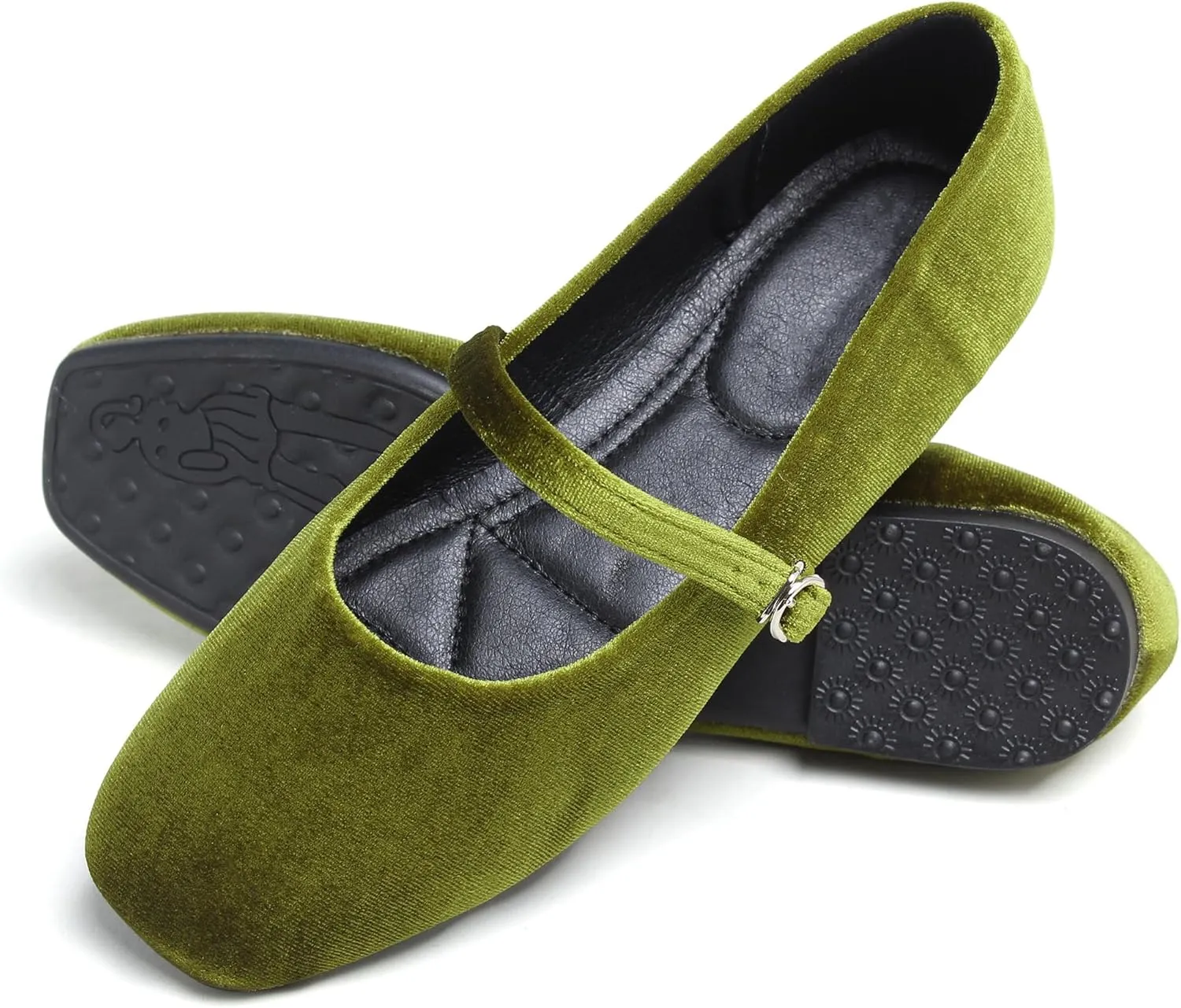 JiangWei Shu Women's Square Toe Ballets Comfortable Flats Soft Velvet Mary Jane Flats Casual Dressy Shoes