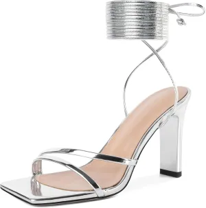 Joseywade Chunky Heels For Women Lace Up Tie Up High Heel 3.5" Heeled Sandals Open Toe Shoes