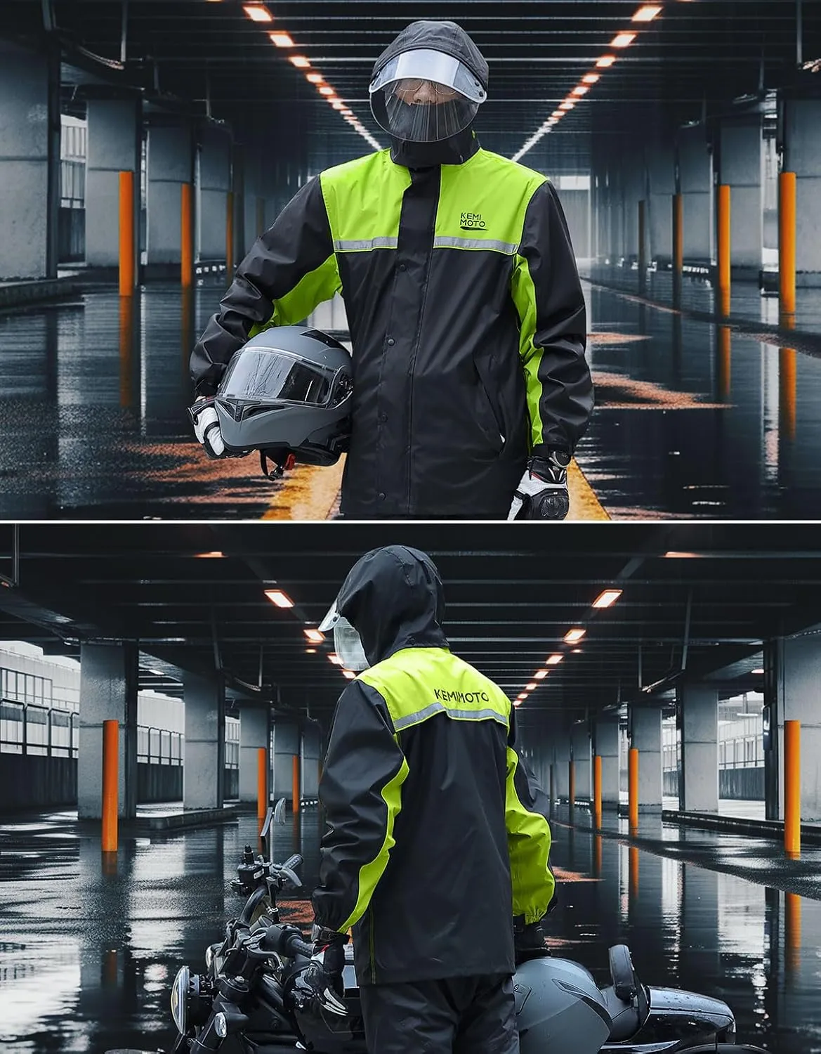 KEMIMOTO Rain Suit for Men, Motorcycle Rain Gear Waterproof Protective Rain Coat with Pants 2 Pieces Rainsuit Breathable Outdoor Fashion Green 2XL