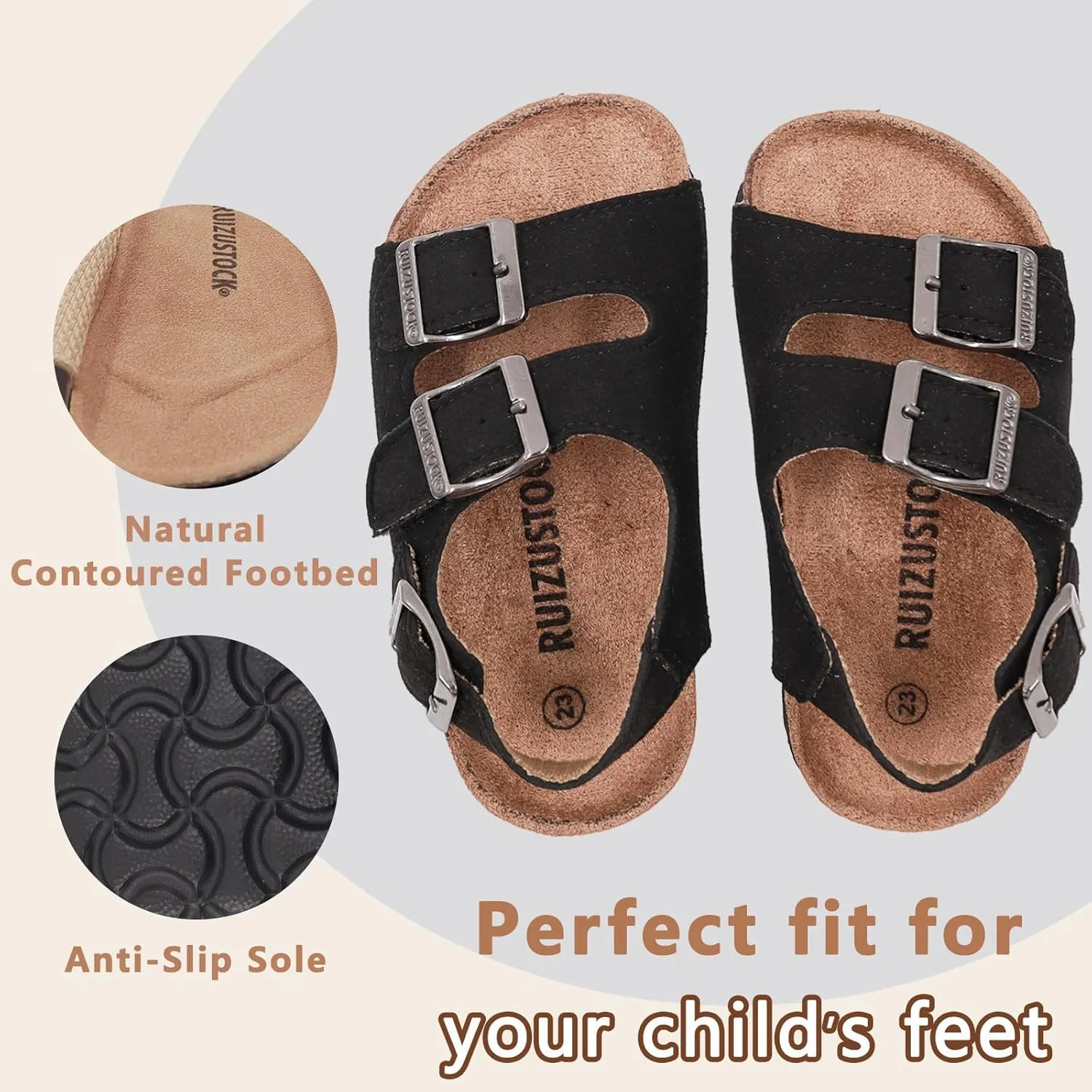 Kid Sandals Boys Girls Comfort Cork Footbed Summer Slides Sandals Toddler Adjustable Buckle Slip-On Sandal Open Toes Casual Flat for Little Kid/Big Kid