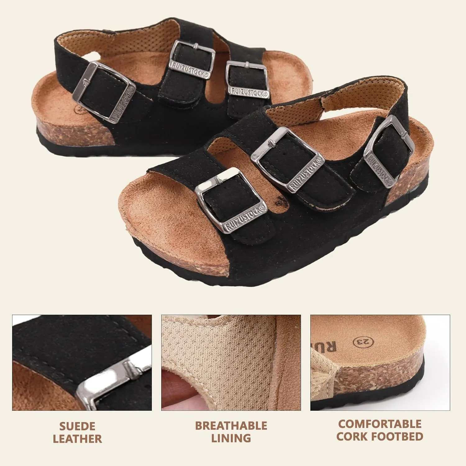 Kid Sandals Boys Girls Comfort Cork Footbed Summer Slides Sandals Toddler Adjustable Buckle Slip-On Sandal Open Toes Casual Flat for Little Kid/Big Kid
