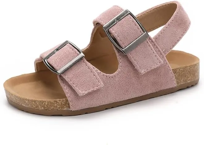 Kids Suede Cork Footbed Sandals with Double Buckle Straps, Tan Brown, Casual Comfort