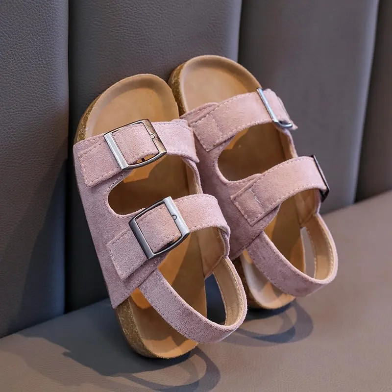 Kids Suede Cork Footbed Sandals with Double Buckle Straps, Tan Brown, Casual Comfort