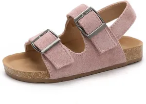 Kids Suede Cork Footbed Sandals with Double Buckle Straps, Tan Brown, Casual Comfort