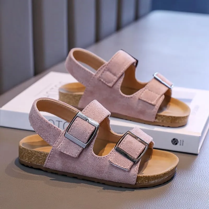 Kids Suede Cork Footbed Sandals with Double Buckle Straps, Tan Brown, Casual Comfort
