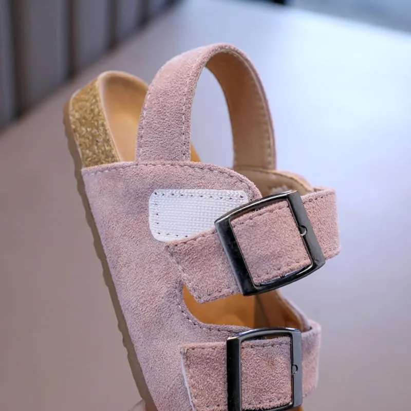 Kids Suede Cork Footbed Sandals with Double Buckle Straps, Tan Brown, Casual Comfort
