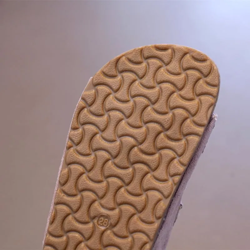Kids Suede Cork Footbed Sandals with Double Buckle Straps, Tan Brown, Casual Comfort