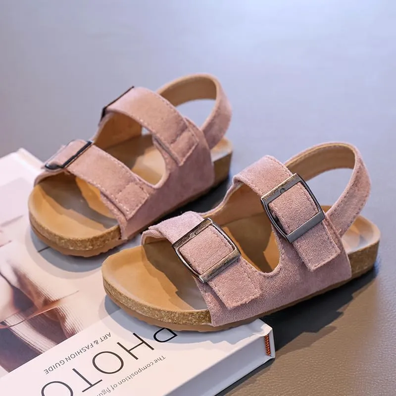 Kids Suede Cork Footbed Sandals with Double Buckle Straps, Tan Brown, Casual Comfort