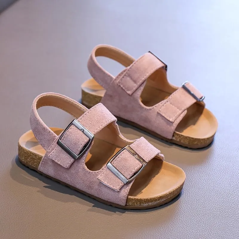 Kids Suede Cork Footbed Sandals with Double Buckle Straps, Tan Brown, Casual Comfort