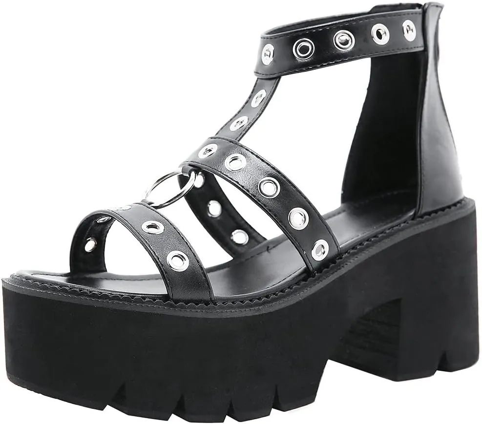 KOKOMOMO Womens Goth Buckle Platform Sandals High Chunky Heels Gladiator Roman Strappy Sandals
