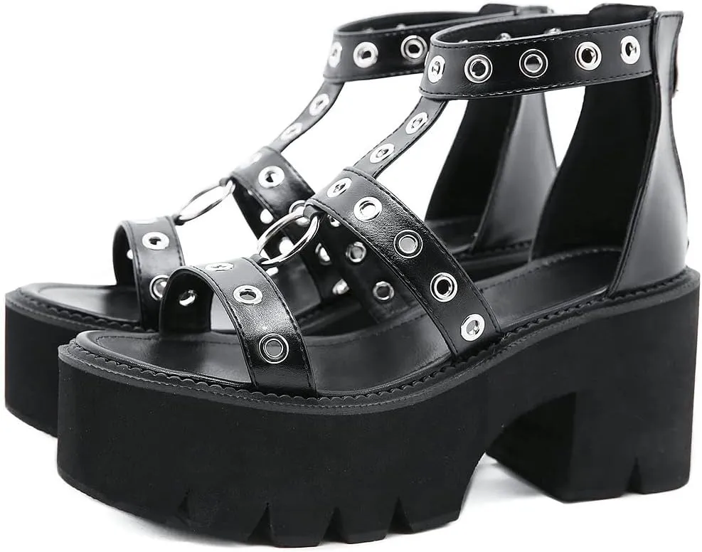 KOKOMOMO Womens Goth Buckle Platform Sandals High Chunky Heels Gladiator Roman Strappy Sandals