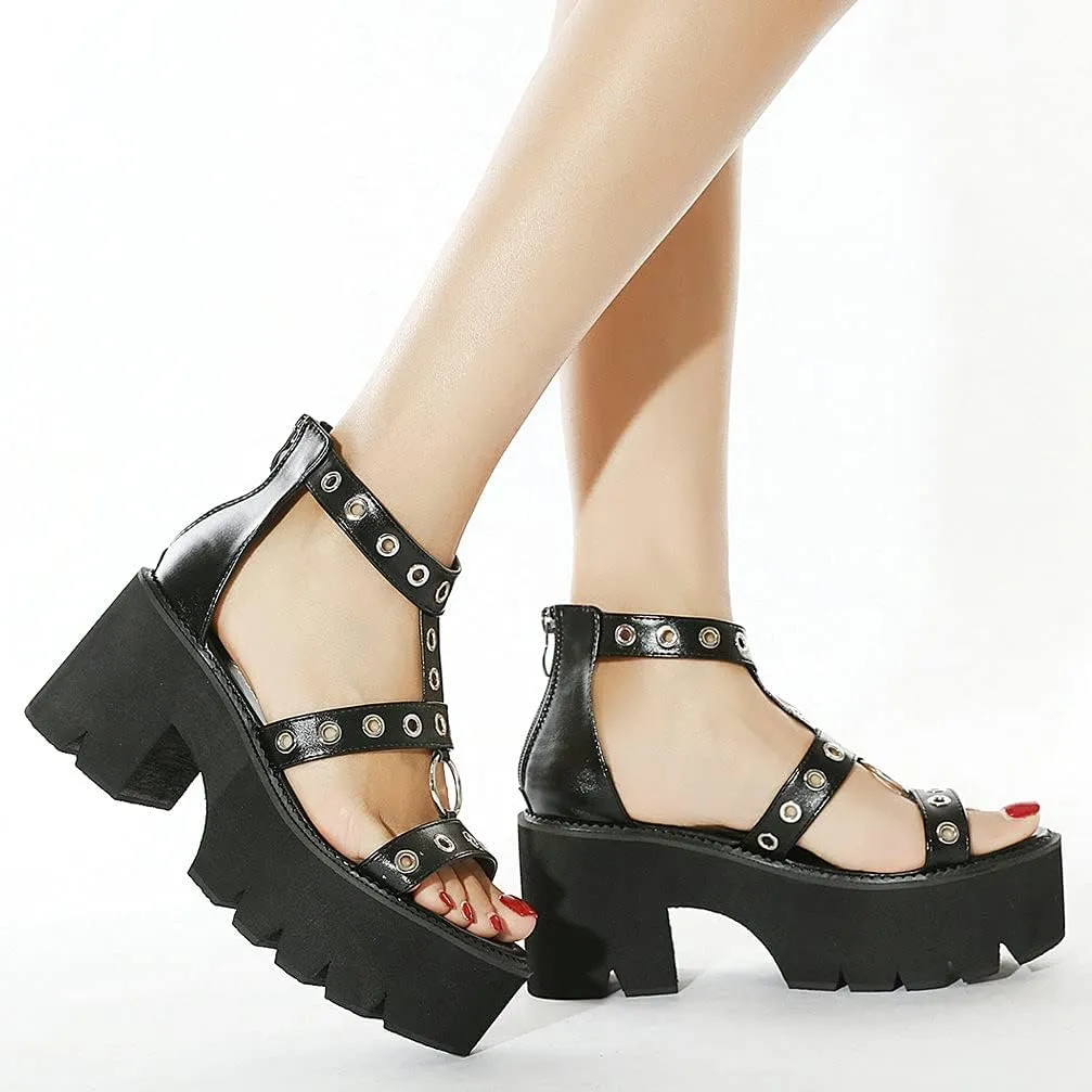 KOKOMOMO Womens Goth Buckle Platform Sandals High Chunky Heels Gladiator Roman Strappy Sandals