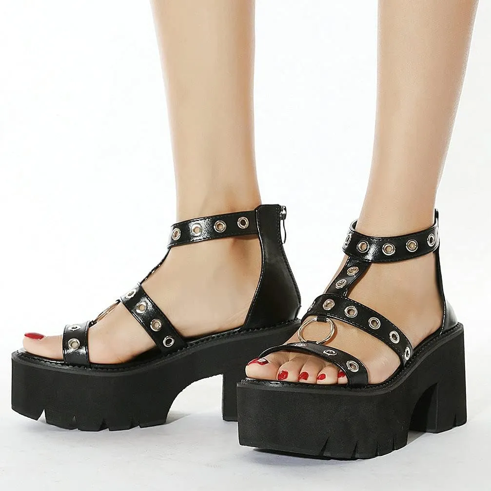 KOKOMOMO Womens Goth Buckle Platform Sandals High Chunky Heels Gladiator Roman Strappy Sandals