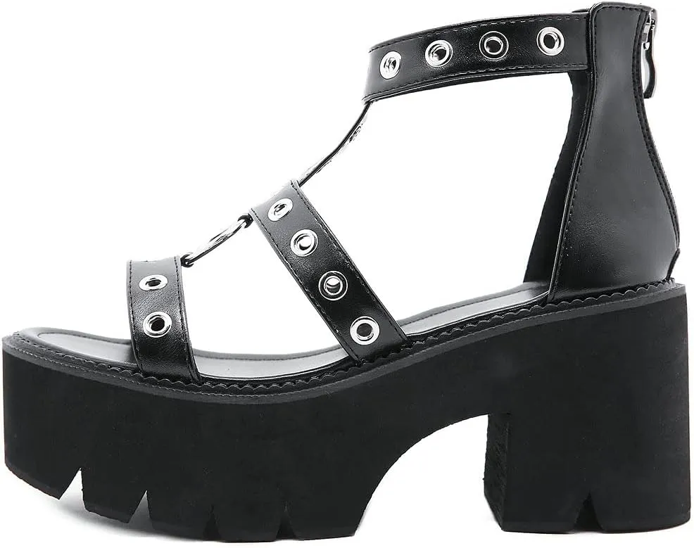 KOKOMOMO Womens Goth Buckle Platform Sandals High Chunky Heels Gladiator Roman Strappy Sandals