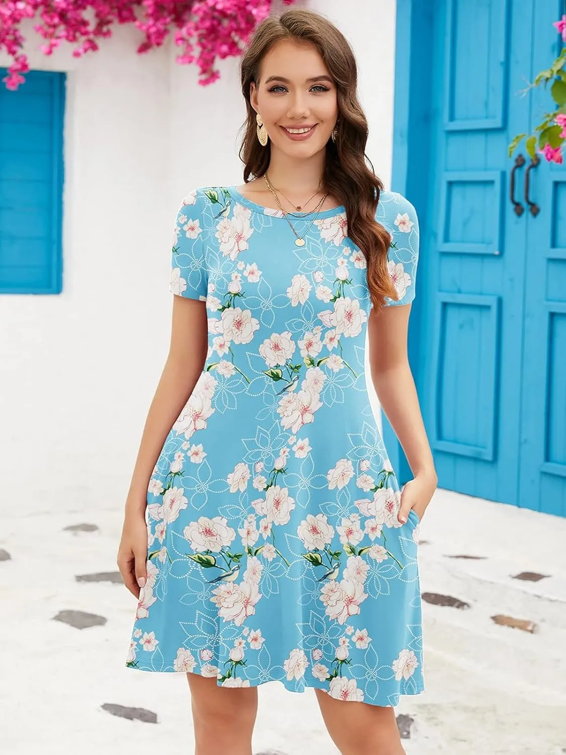 KORSIS Summer Dresses for Women Casual T-Shirt Dresses Swing Flowy Beach Vacation Sundress with Pockets (S-3XL)