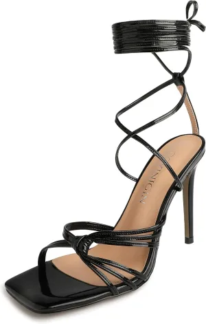 Lace Up Heels for Women, Strappy Heels for Women Sexy, Tie Up Sandals Heels with Square Open Toe, Womens Wrap Around Ankle Heels
