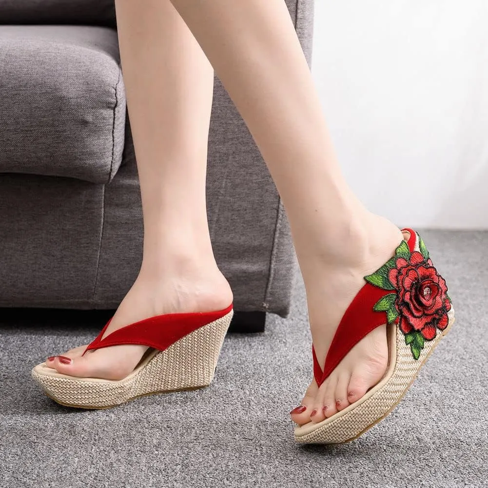 Ladies Flip Flop Sandals 9Cm Wedge Slippers Embroidered Flower Sandals Plus Size Platform Roman Sandals