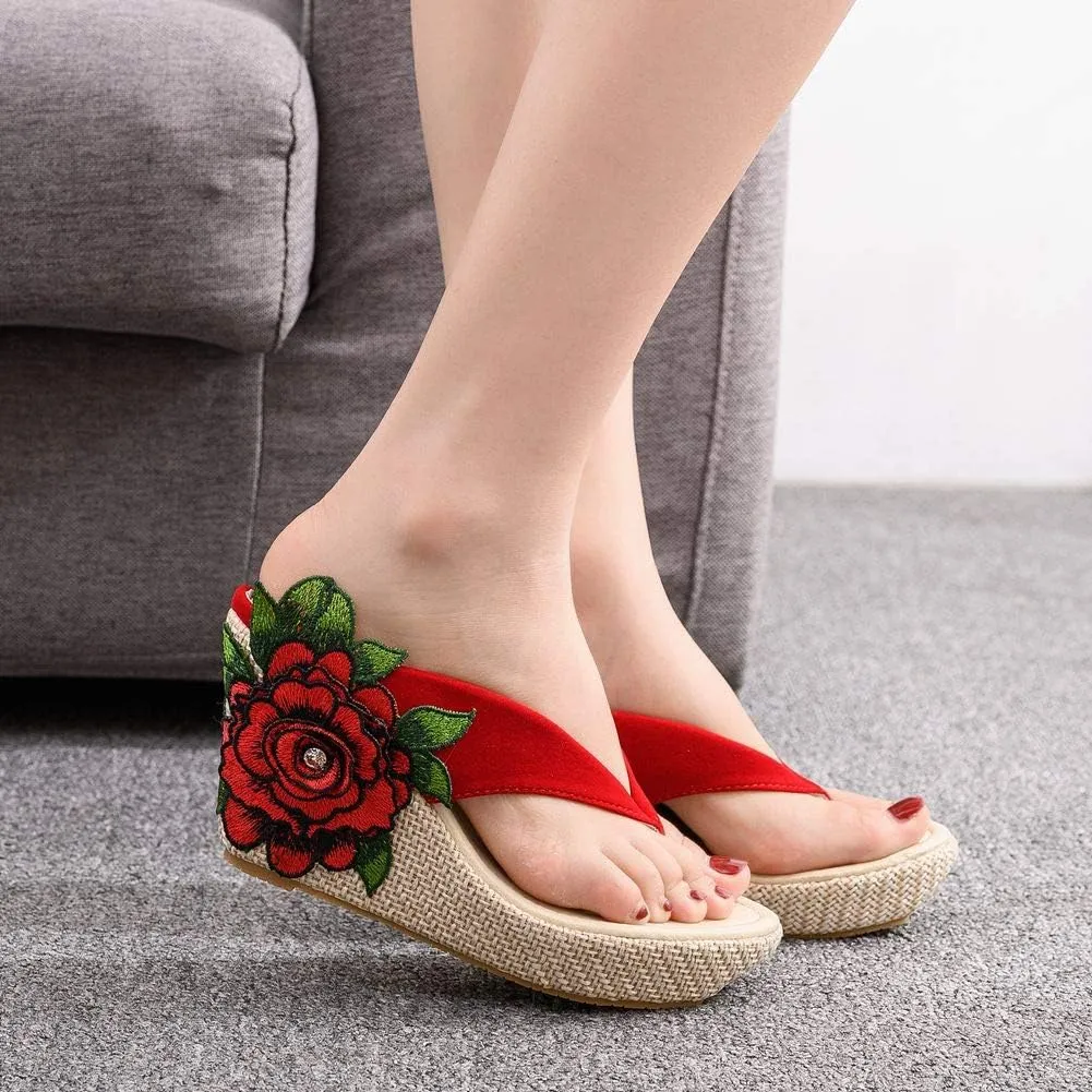 Ladies Flip Flop Sandals 9Cm Wedge Slippers Embroidered Flower Sandals Plus Size Platform Roman Sandals