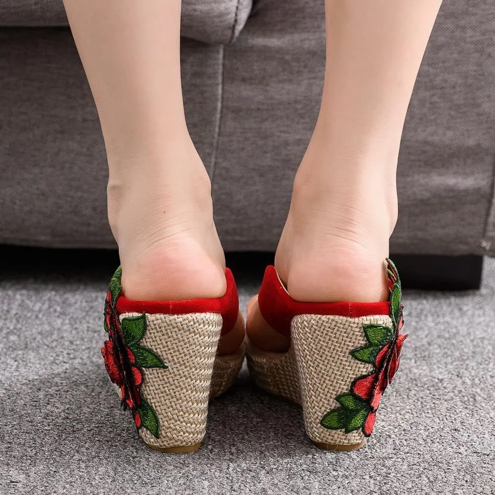 Ladies Flip Flop Sandals 9Cm Wedge Slippers Embroidered Flower Sandals Plus Size Platform Roman Sandals
