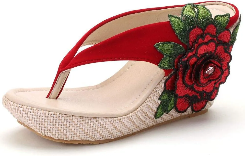 Ladies Flip Flop Sandals 9Cm Wedge Slippers Embroidered Flower Sandals Plus Size Platform Roman Sandals