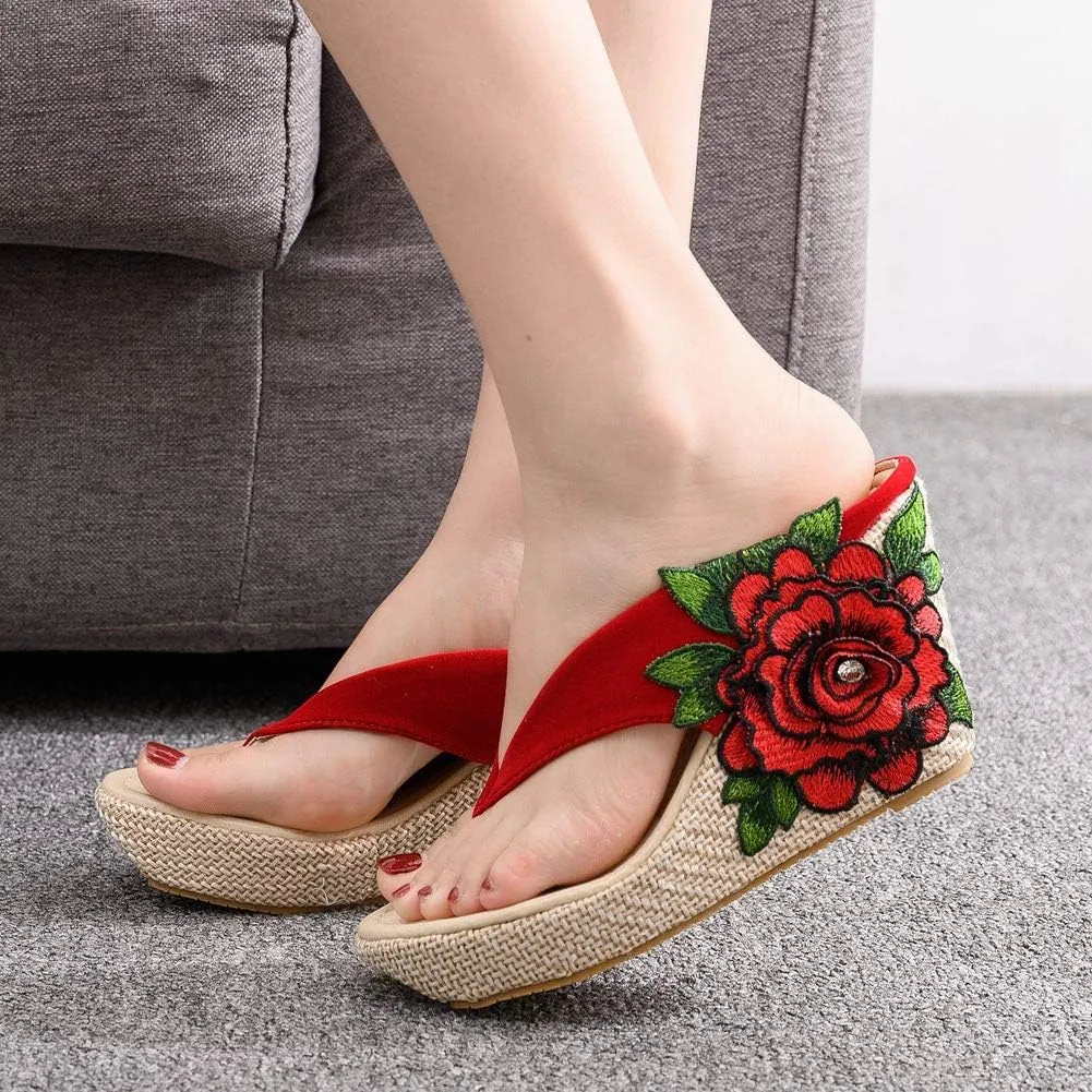 Ladies Flip Flop Sandals 9Cm Wedge Slippers Embroidered Flower Sandals Plus Size Platform Roman Sandals
