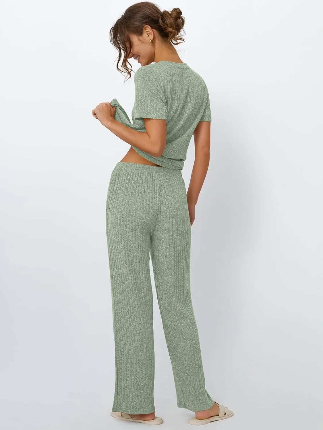 LILLUSORY 2 Piece Lounge Sets for Women Summer Vacation Outfits Matching Casual Wide Leg Pants Sets Ribbed Knit Pajamas 2025