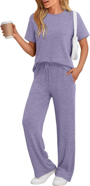 LILLUSORY 2 Piece Lounge Sets for Women Summer Vacation Outfits Matching Casual Wide Leg Pants Sets Ribbed Knit Pajamas 2025
