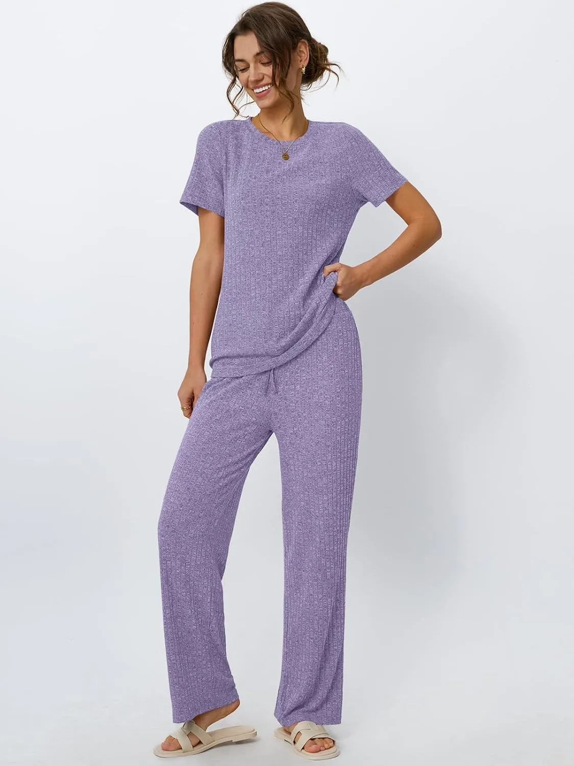 LILLUSORY 2 Piece Lounge Sets for Women Summer Vacation Outfits Matching Casual Wide Leg Pants Sets Ribbed Knit Pajamas 2025