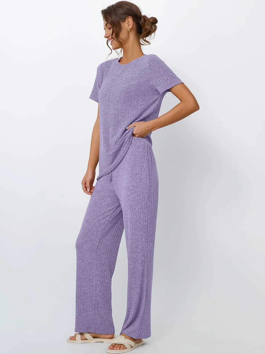 LILLUSORY 2 Piece Lounge Sets for Women Summer Vacation Outfits Matching Casual Wide Leg Pants Sets Ribbed Knit Pajamas 2025