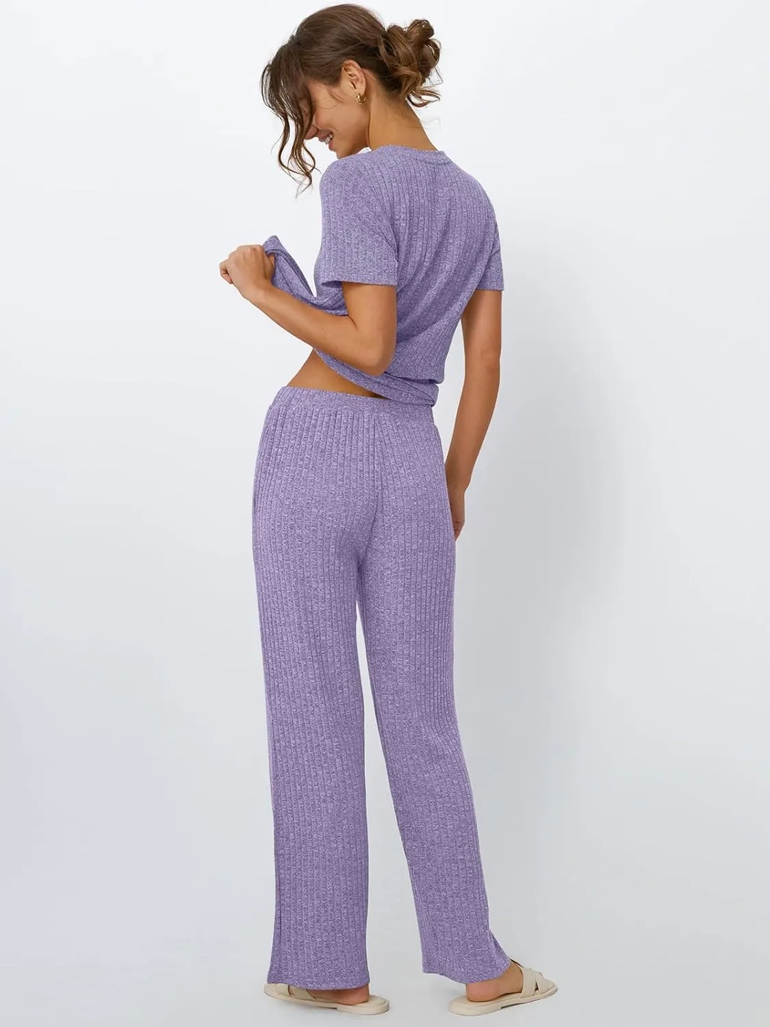 LILLUSORY 2 Piece Lounge Sets for Women Summer Vacation Outfits Matching Casual Wide Leg Pants Sets Ribbed Knit Pajamas 2025