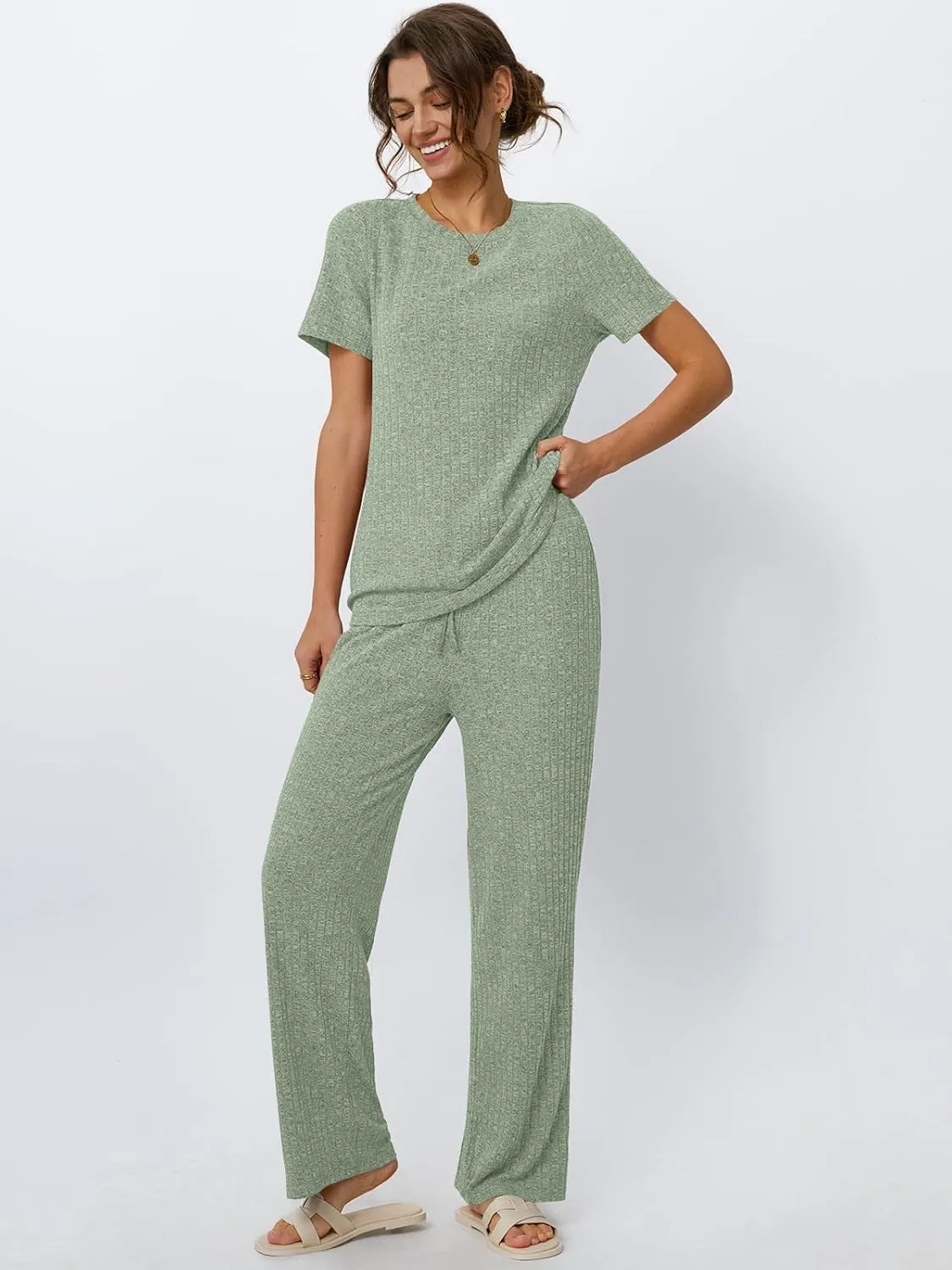 LILLUSORY 2 Piece Lounge Sets for Women Summer Vacation Outfits Matching Casual Wide Leg Pants Sets Ribbed Knit Pajamas 2025