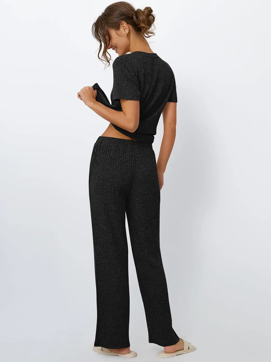 LILLUSORY 2 Piece Lounge Sets for Women Summer Vacation Outfits Matching Casual Wide Leg Pants Sets Ribbed Knit Pajamas 2025