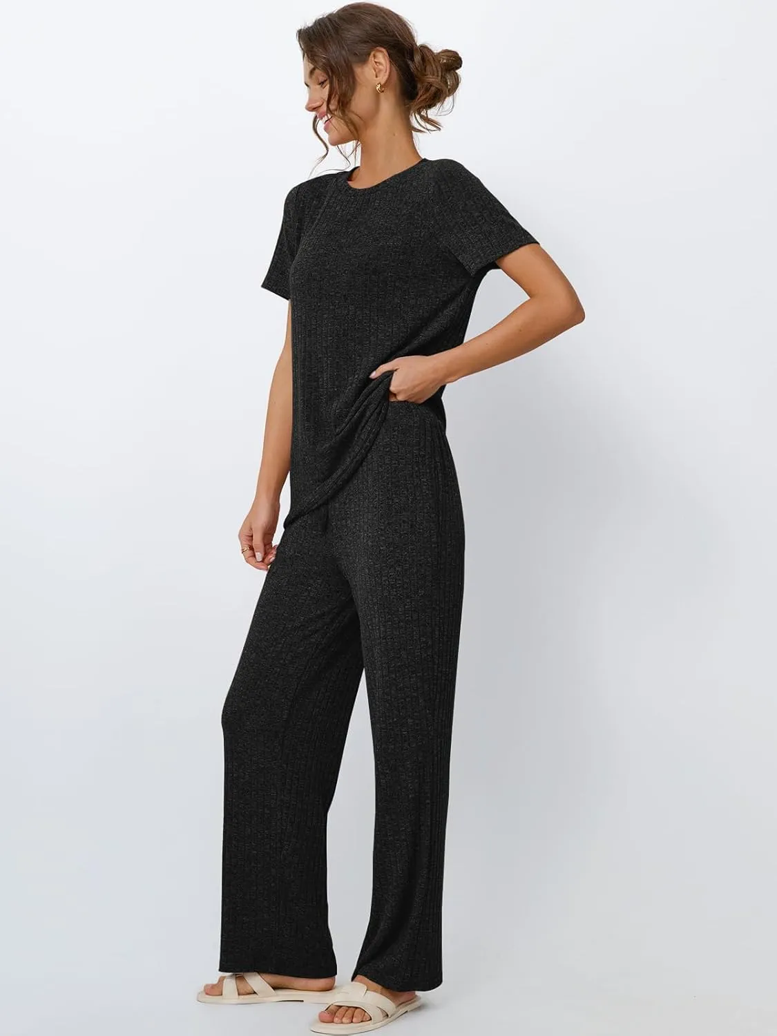 LILLUSORY 2 Piece Lounge Sets for Women Summer Vacation Outfits Matching Casual Wide Leg Pants Sets Ribbed Knit Pajamas 2025