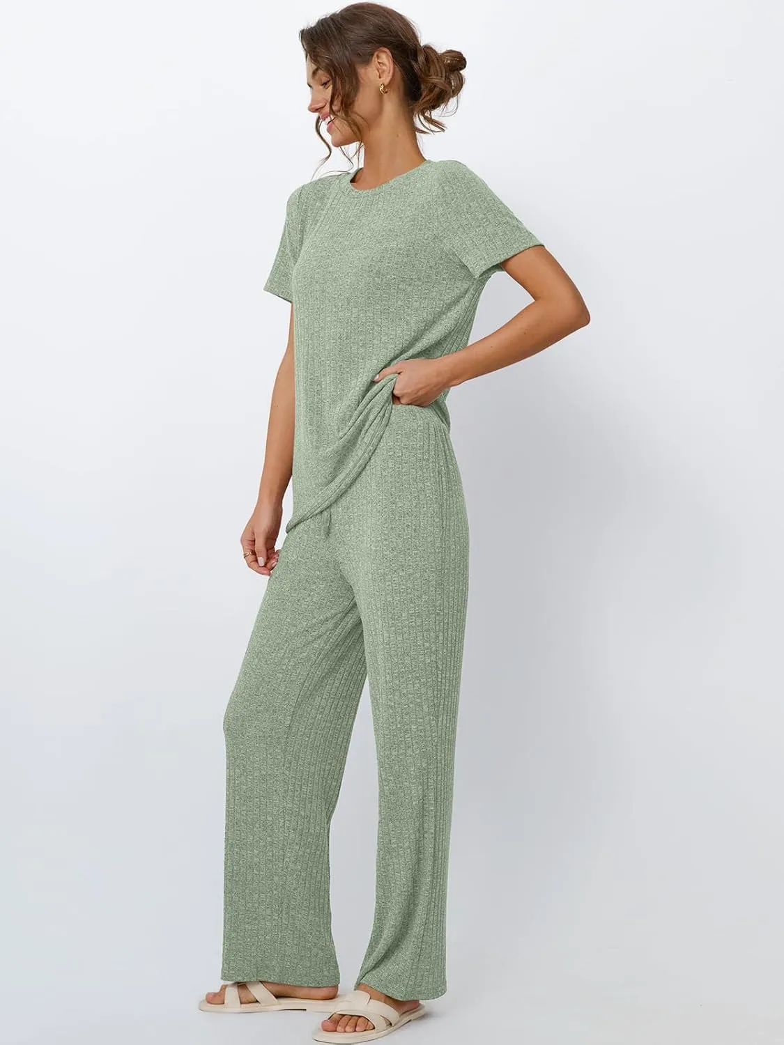 LILLUSORY 2 Piece Lounge Sets for Women Summer Vacation Outfits Matching Casual Wide Leg Pants Sets Ribbed Knit Pajamas 2025